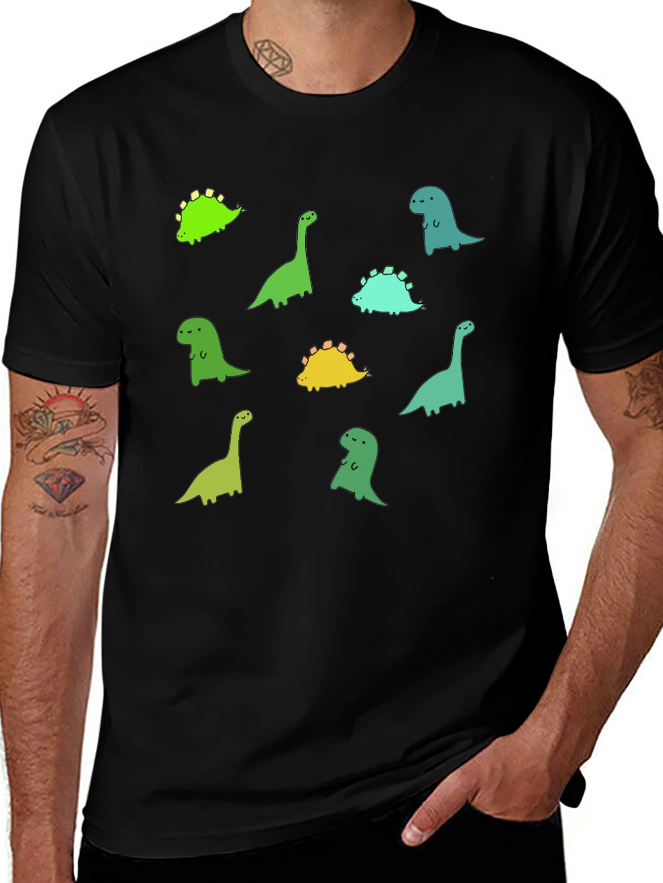 Cute Dinosaur Print Black T-Shirt