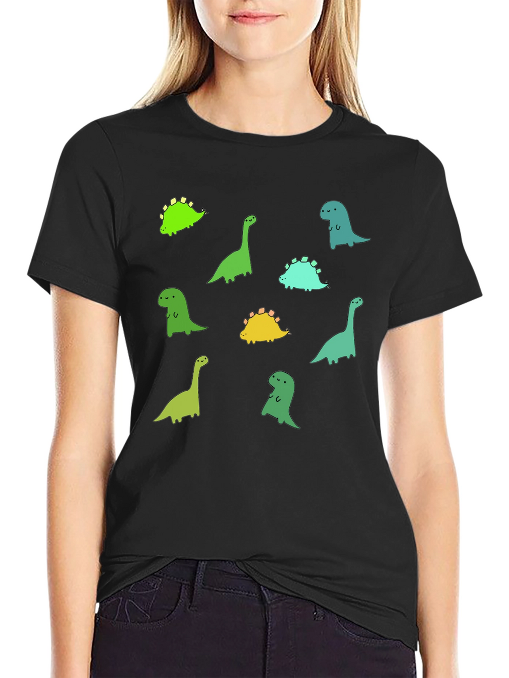 Cute Dinosaur Print Black T-Shirt