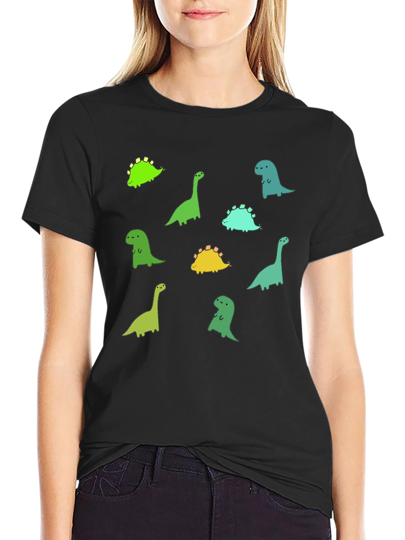 Cute Dinosaur Print Black T-Shirt