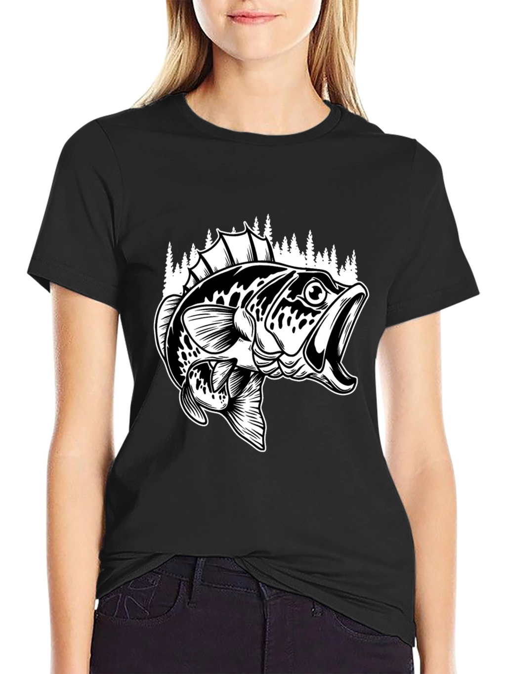 Bass Fishing Graphic Tee - Black Cotton Blend Shirt