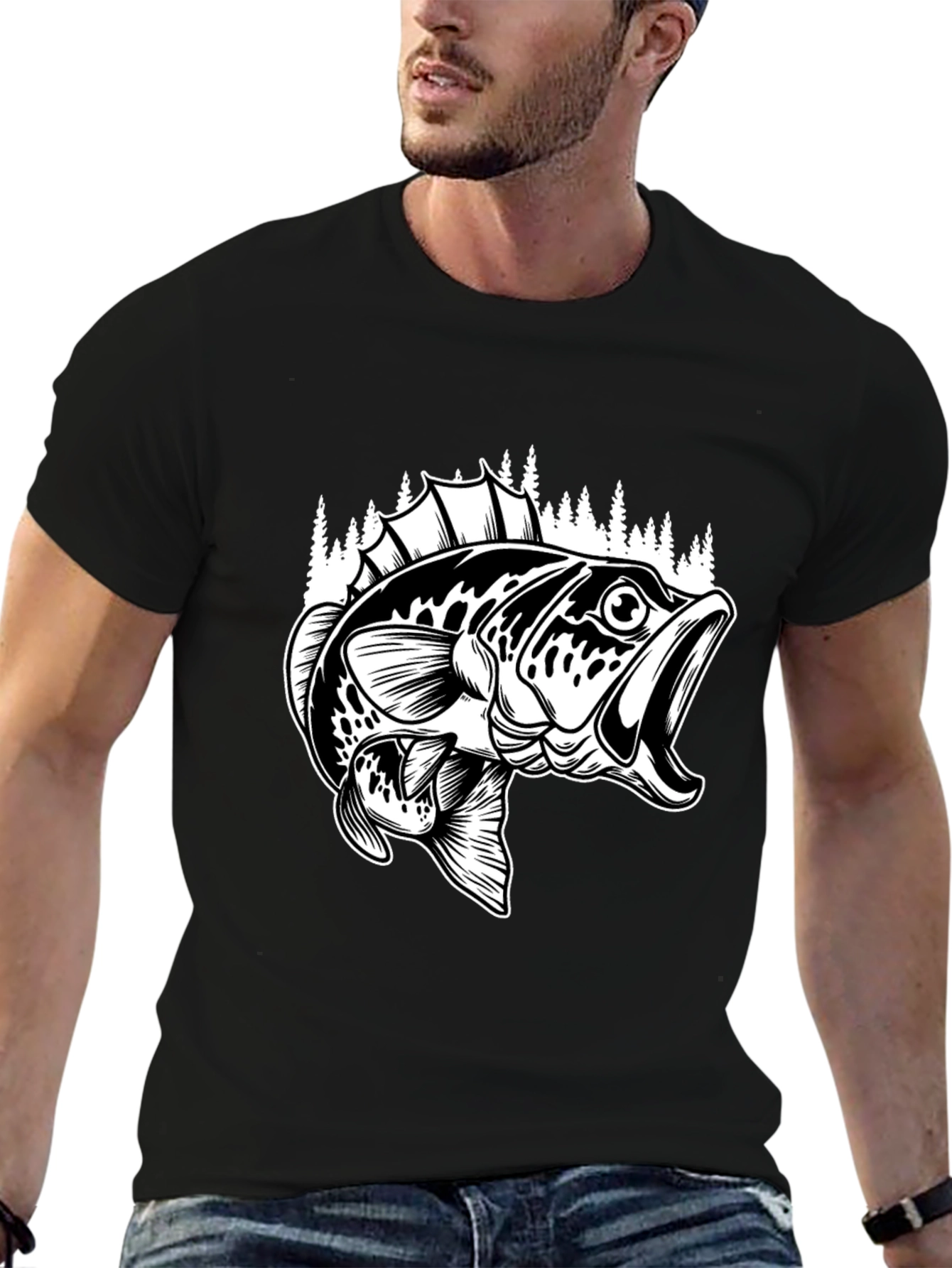 Bass Fishing Graphic Tee - Black Cotton Blend Shirt