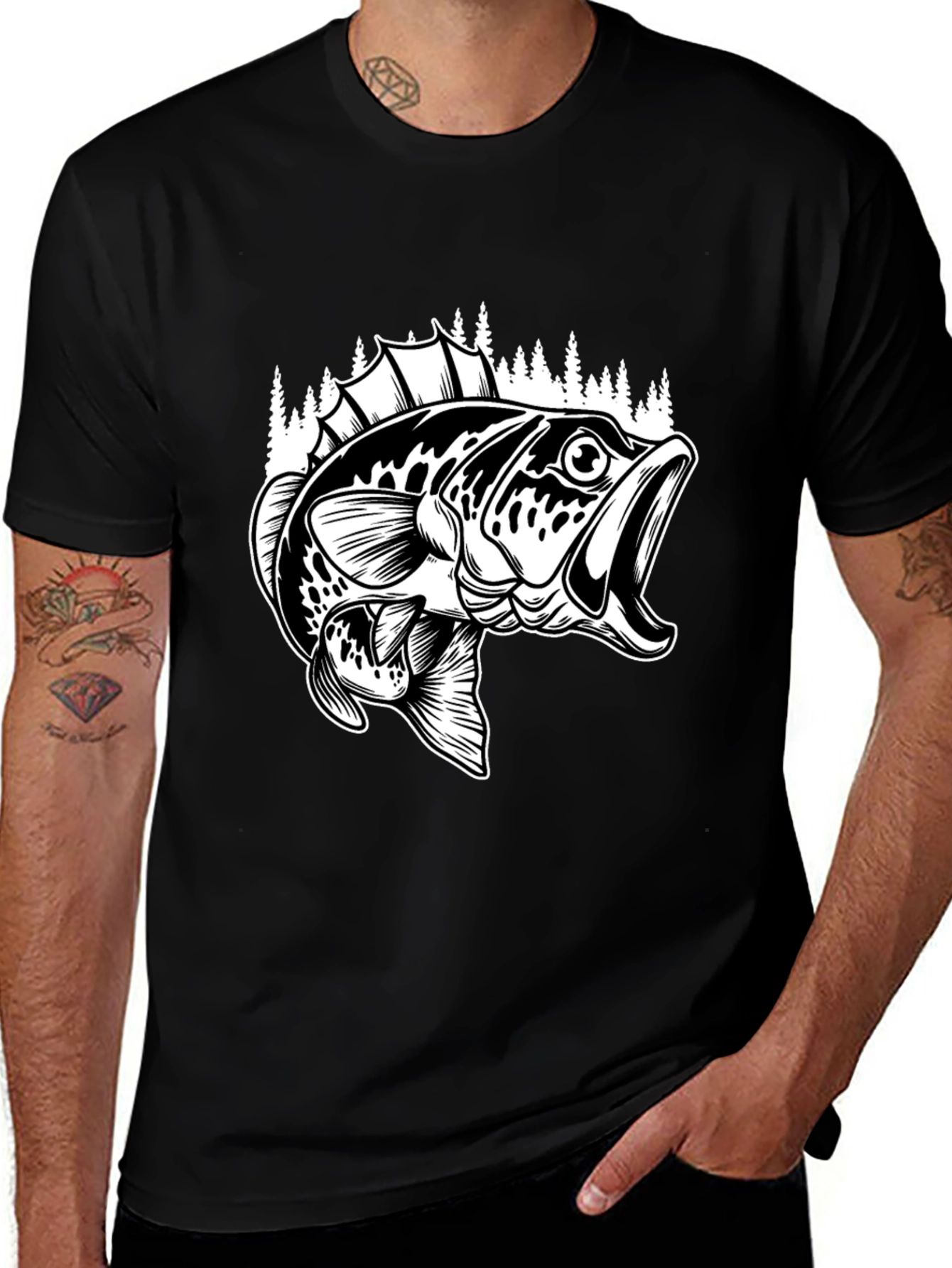 Bass Fishing Graphic Tee - Black Cotton Blend Shirt