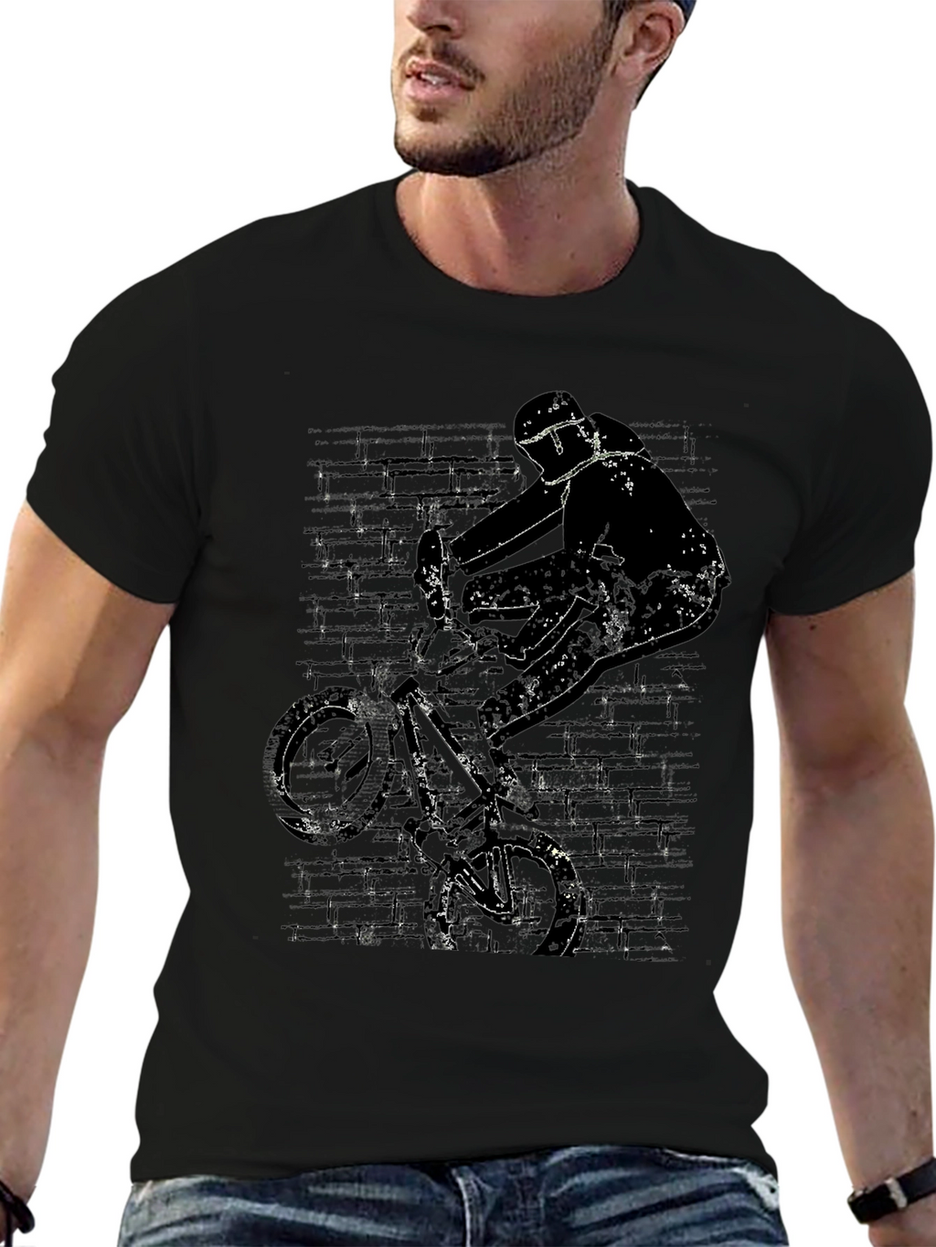 BMX Rider Graphic Tee - Grunge Brick Wall Design