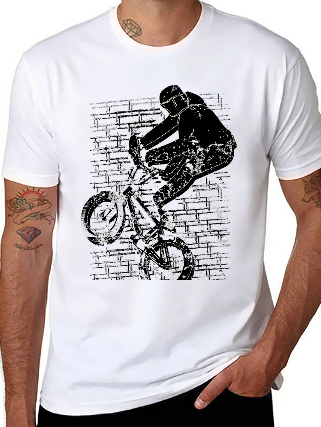 BMX Rider Graphic Tee - Grunge Brick Wall Design