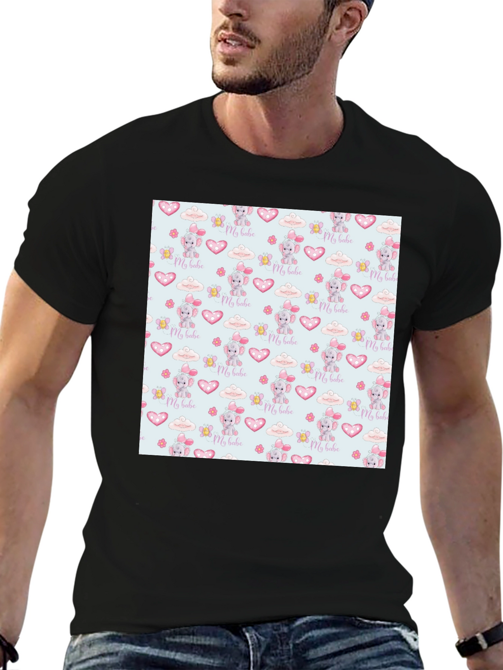 Cute My Babe Patterned Black T-Shirt