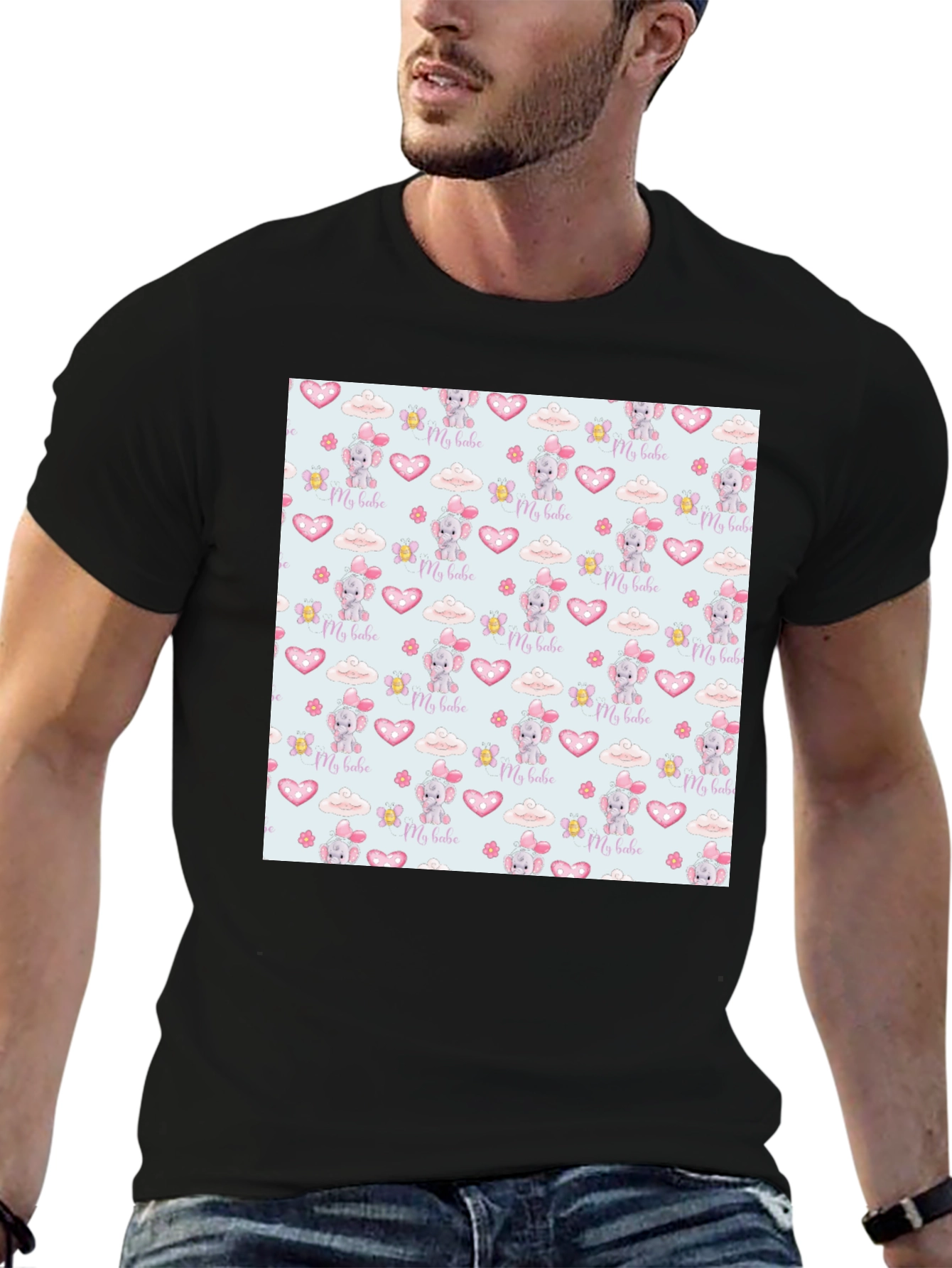 Cute My Babe Patterned Black T-Shirt