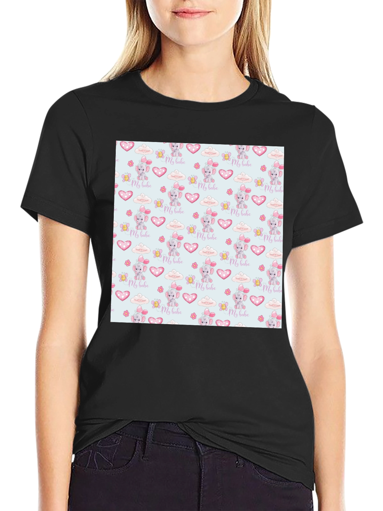Cute My Babe Patterned Black T-Shirt