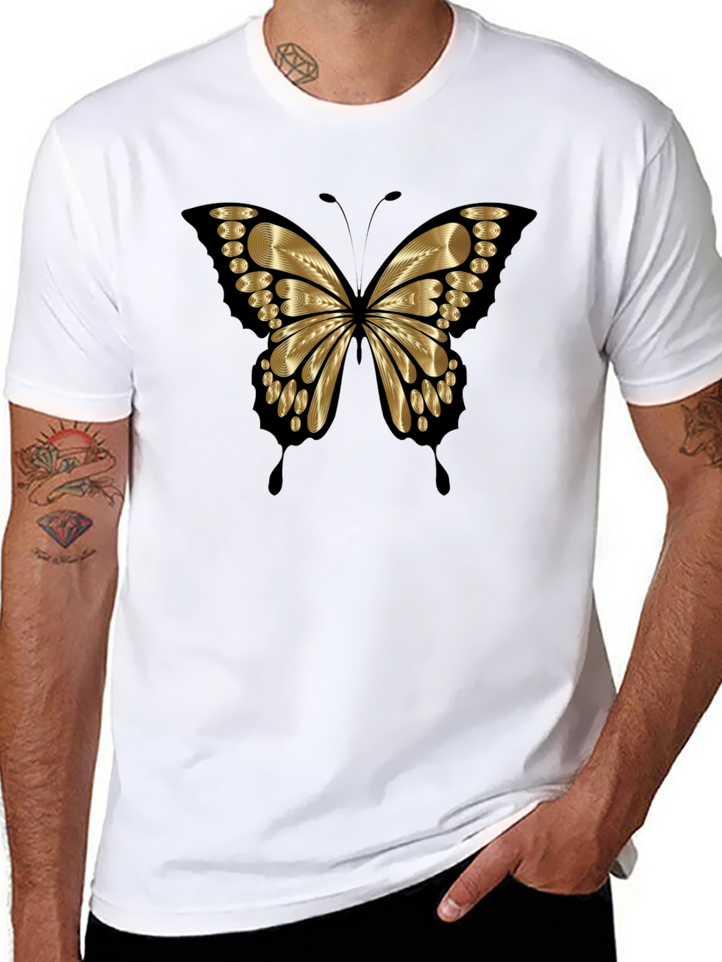 Gold Butterfly Graphic Print Mens T-Shirt