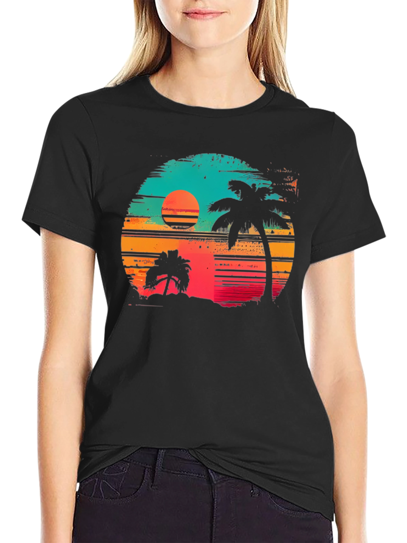 Retro Sunset Palm Tree Graphic T-Shirt