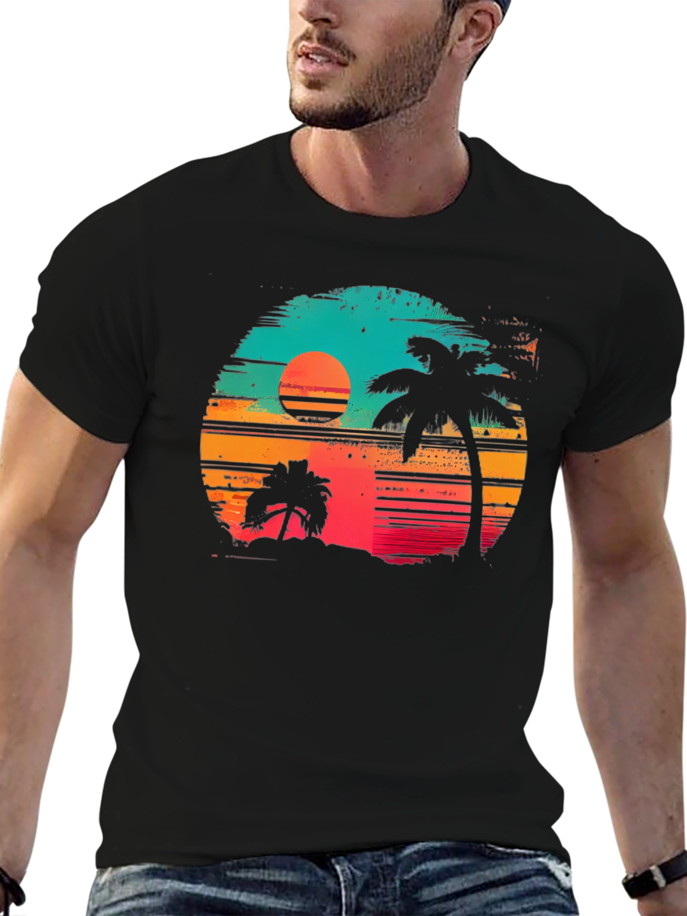Retro Sunset Palm Tree Graphic T-Shirt