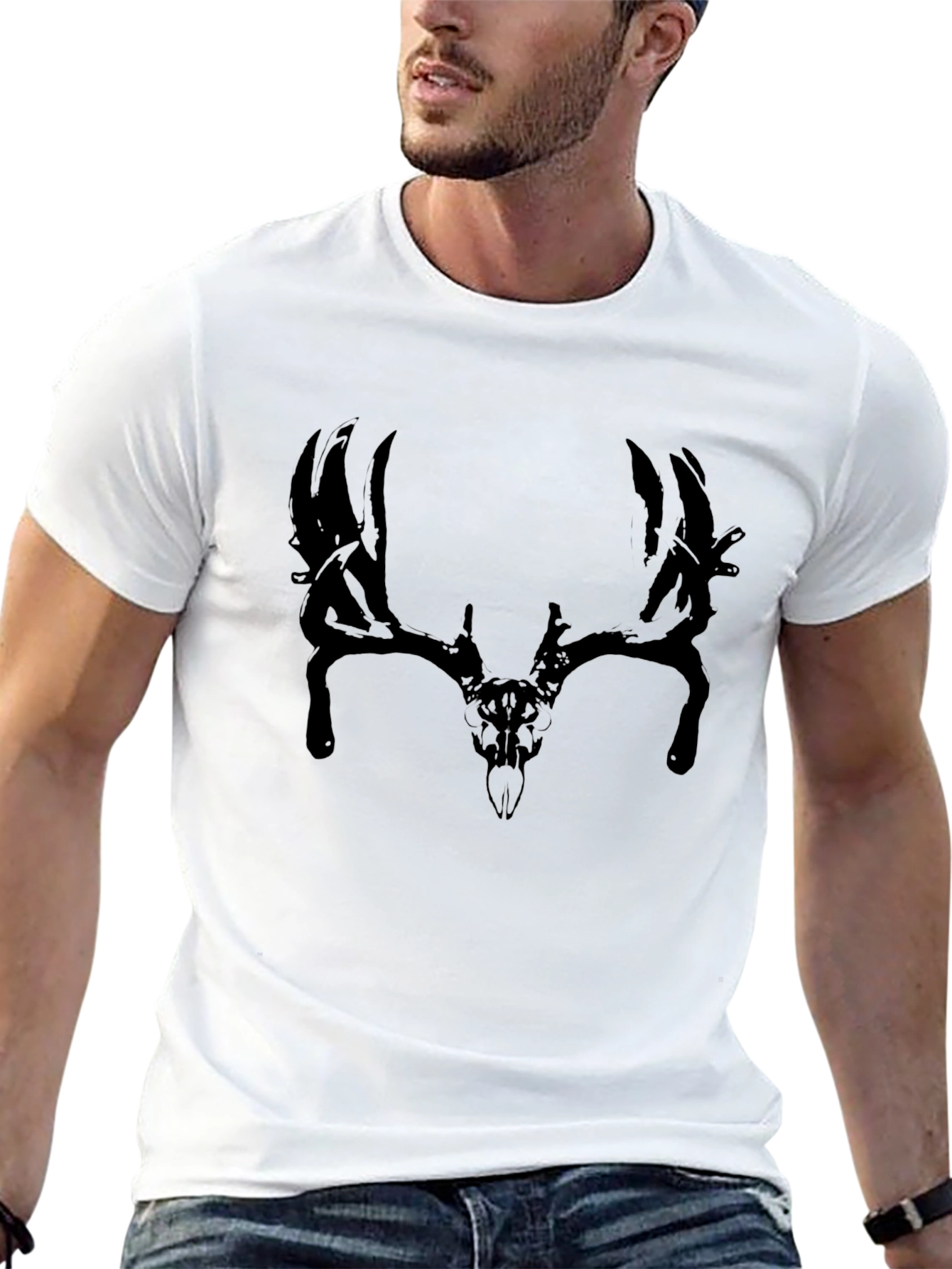 Mens Black T-Shirt with Deer Skull Graphic
