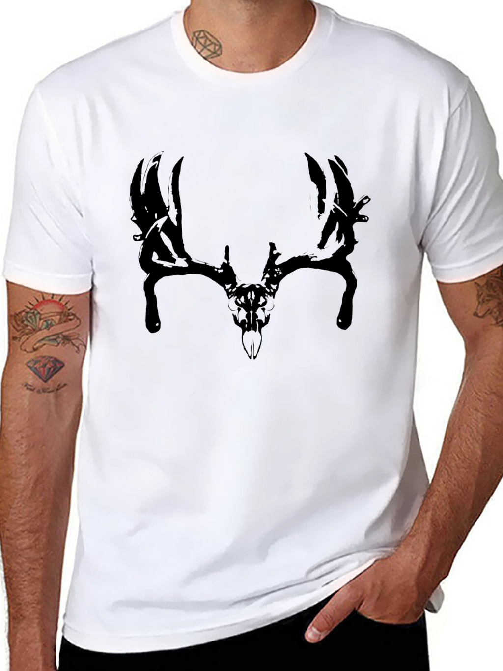Mens Black T-Shirt with Deer Skull Graphic