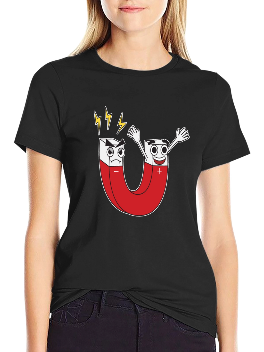 Cartoon Magnet Graphic T-Shirt - Black Cotton Tee