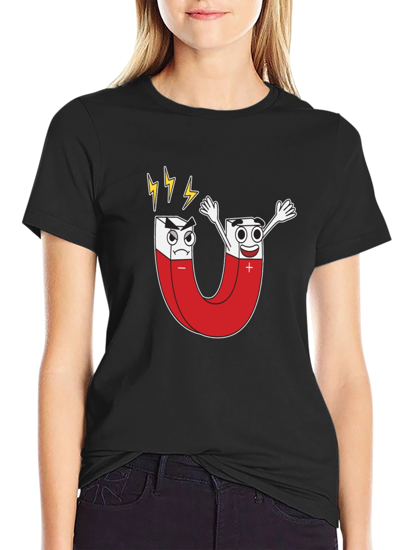 Cartoon Magnet Graphic T-Shirt - Black Cotton Tee