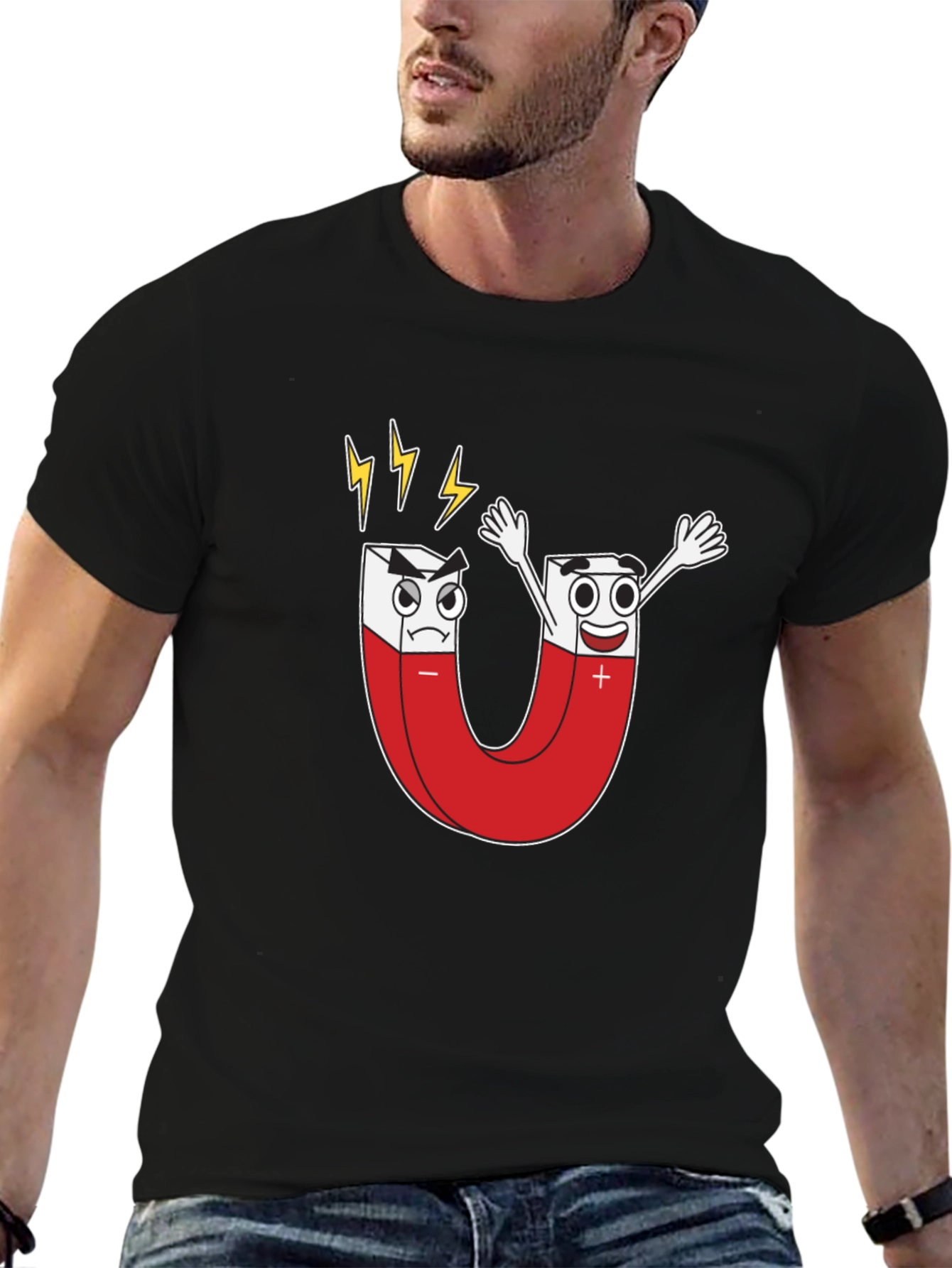 Cartoon Magnet Graphic T-Shirt - Black Cotton Tee