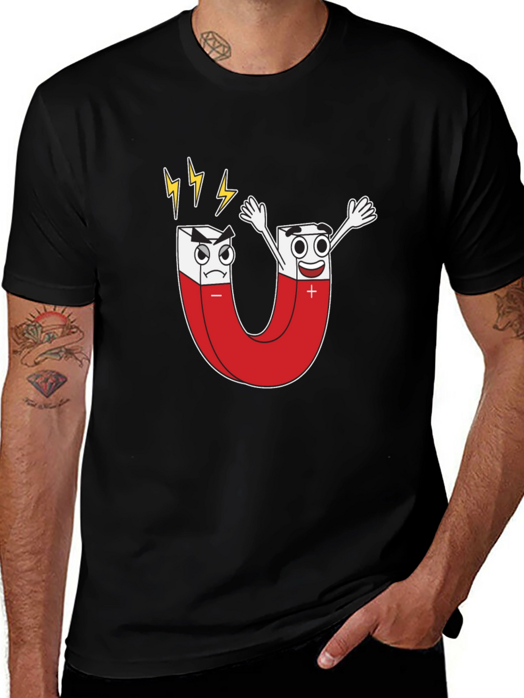 Cartoon Magnet Graphic T-Shirt - Black Cotton Tee