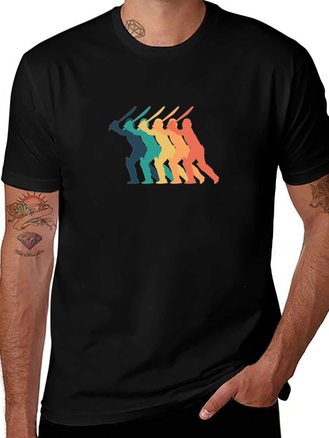 Retro Cricket Player T-Shirt - Black