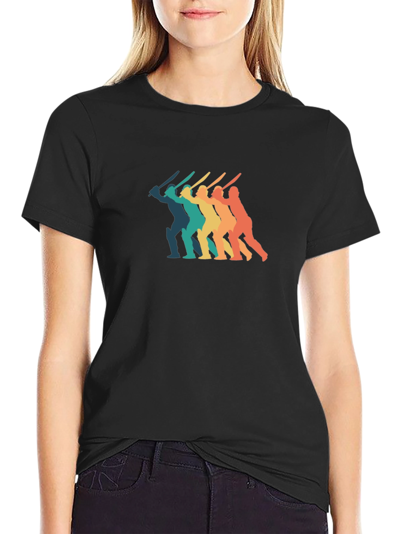 Retro Cricket Player T-Shirt - Black