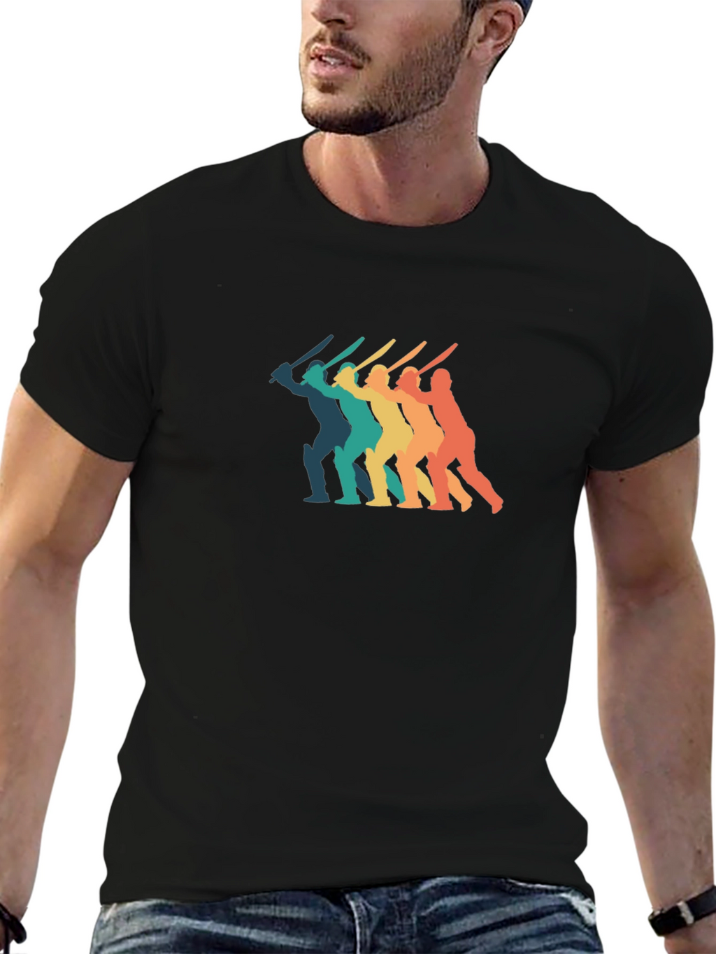 Retro Cricket Player T-Shirt - Black