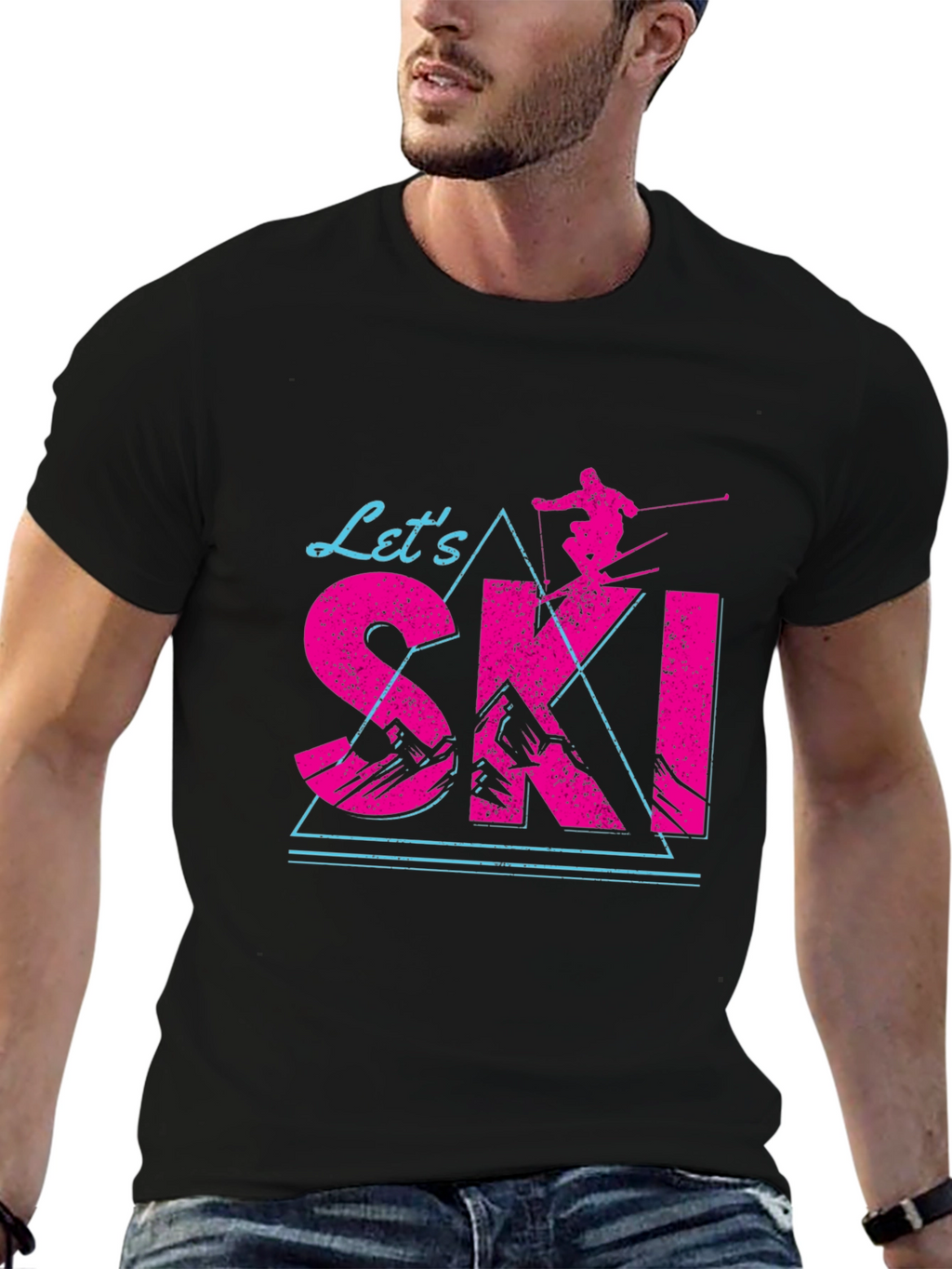 Lets Ski T-Shirt Black Cotton Blend Retro Design
