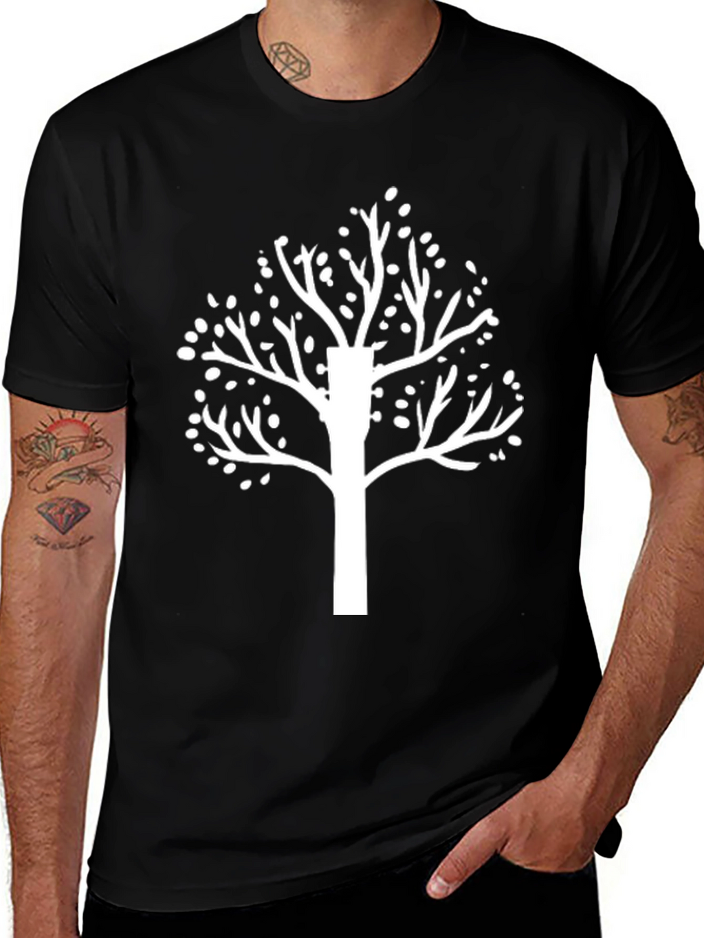 Black T-Shirt with White Tree Graphic