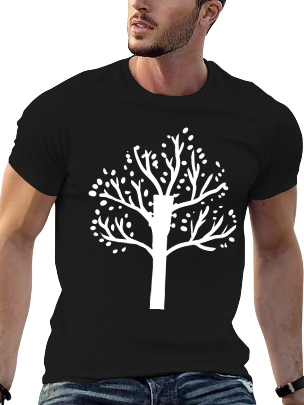 Black T-Shirt with White Tree Graphic