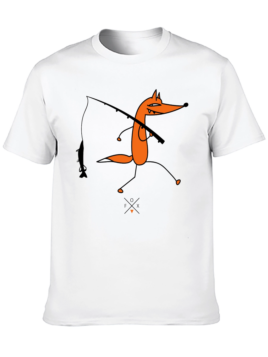 Cartoon Fox Fishing Graphic Tee - Unisex Black T-Shirt