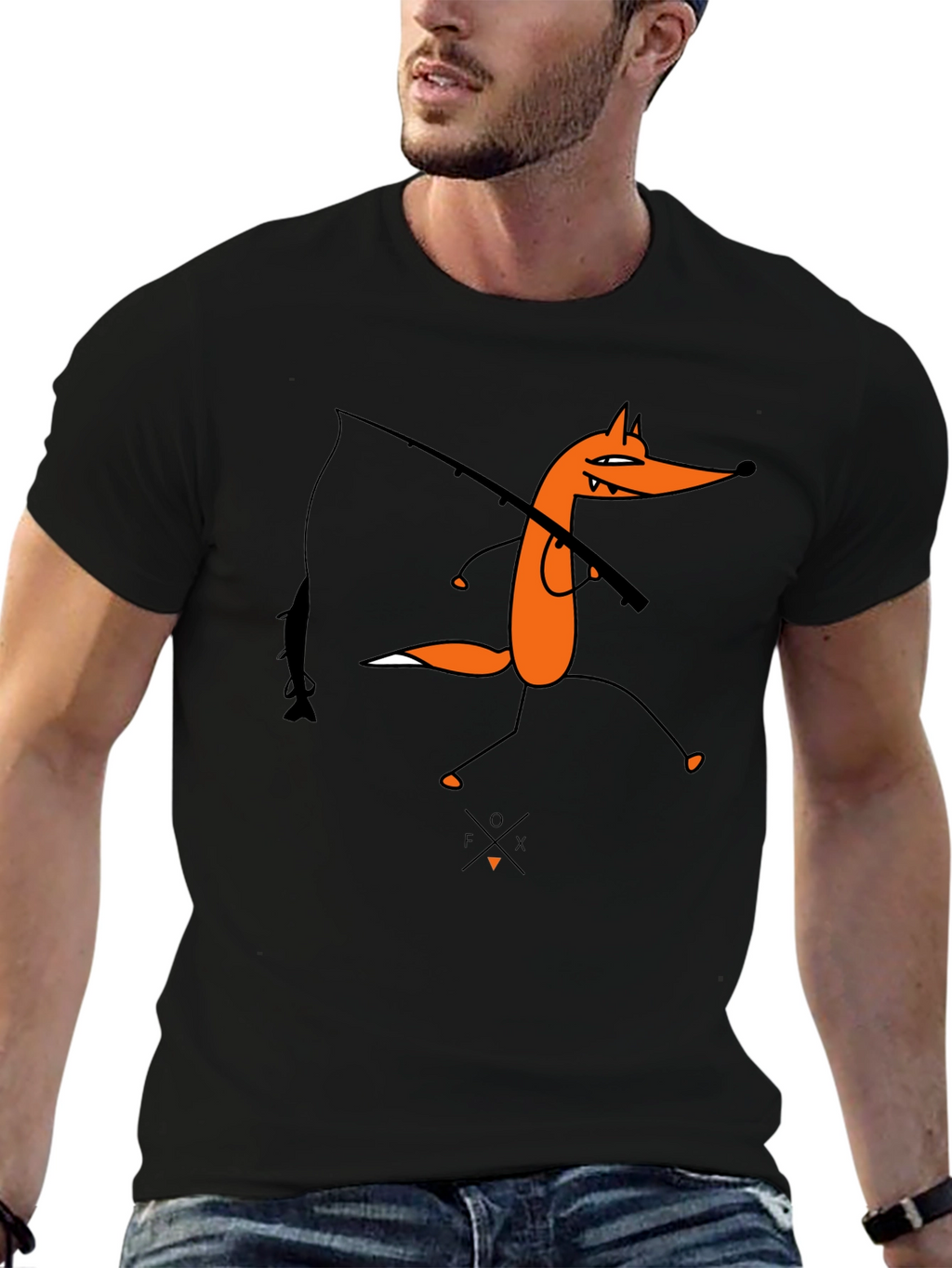 Cartoon Fox Fishing Graphic Tee - Unisex Black T-Shirt