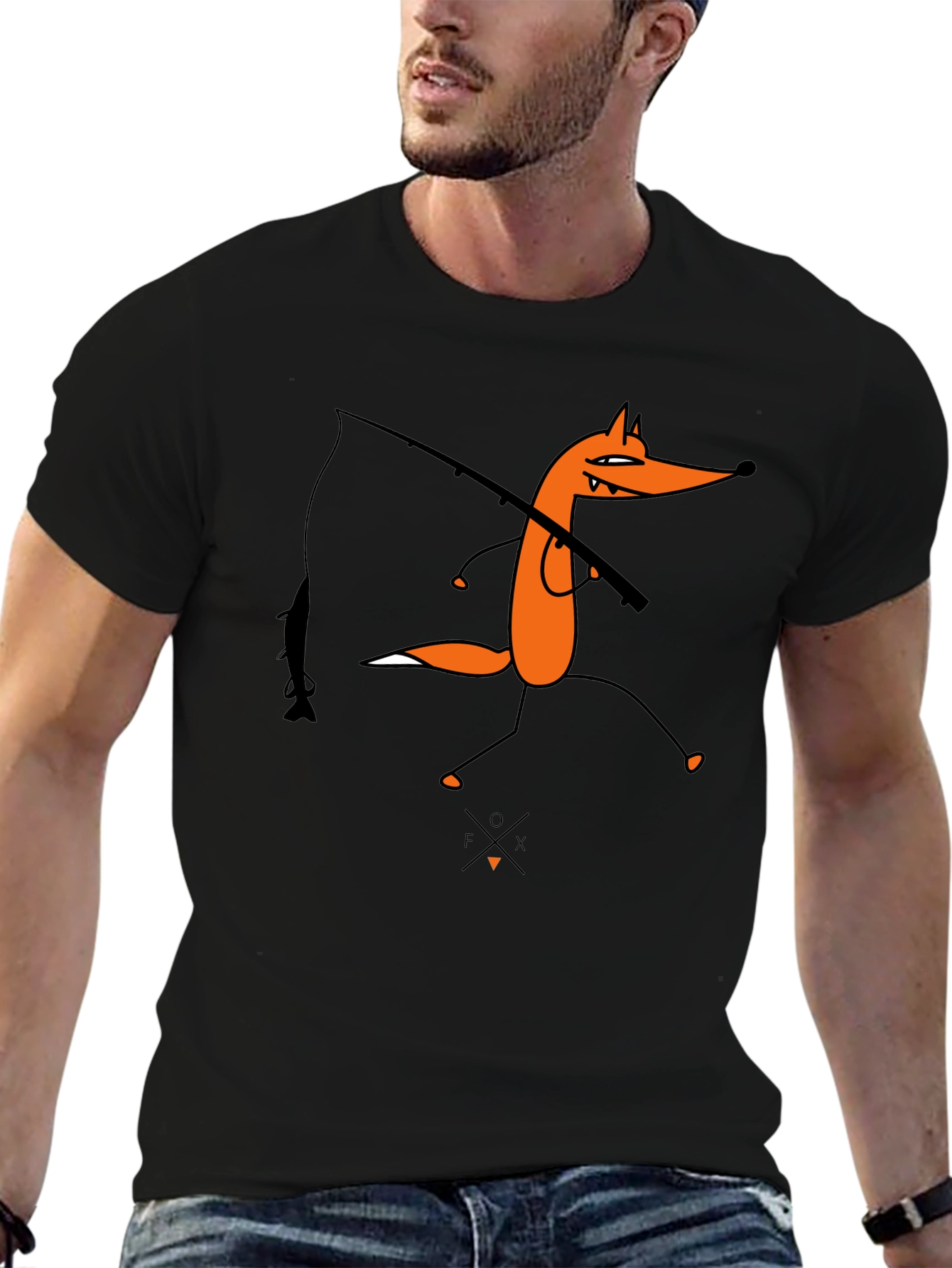 Cartoon Fox Fishing Graphic Tee - Unisex Black T-Shirt