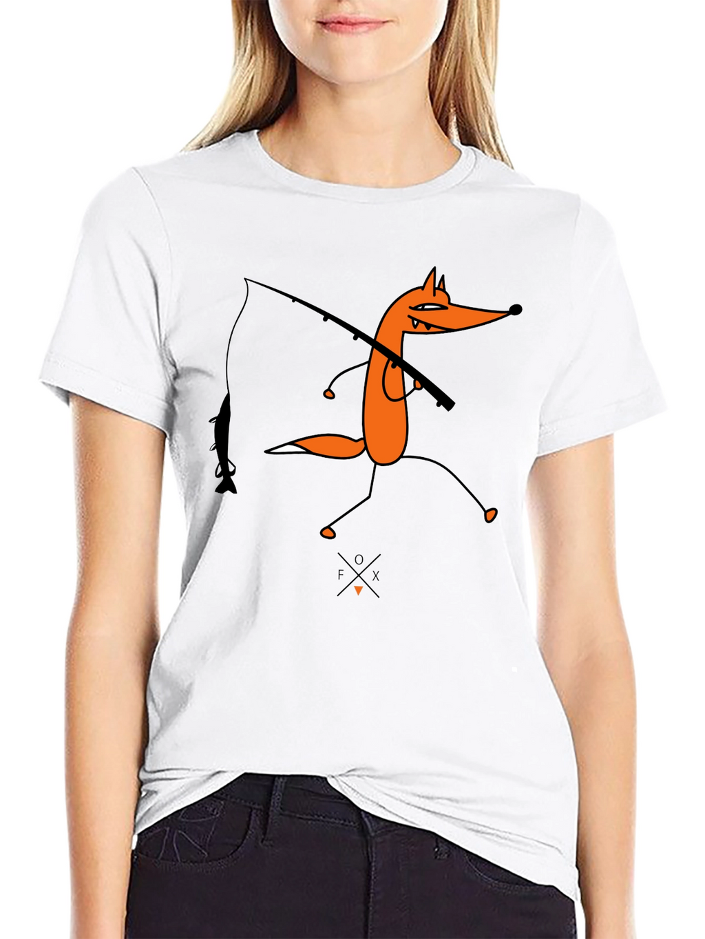 Cartoon Fox Fishing Graphic Tee - Unisex Black T-Shirt