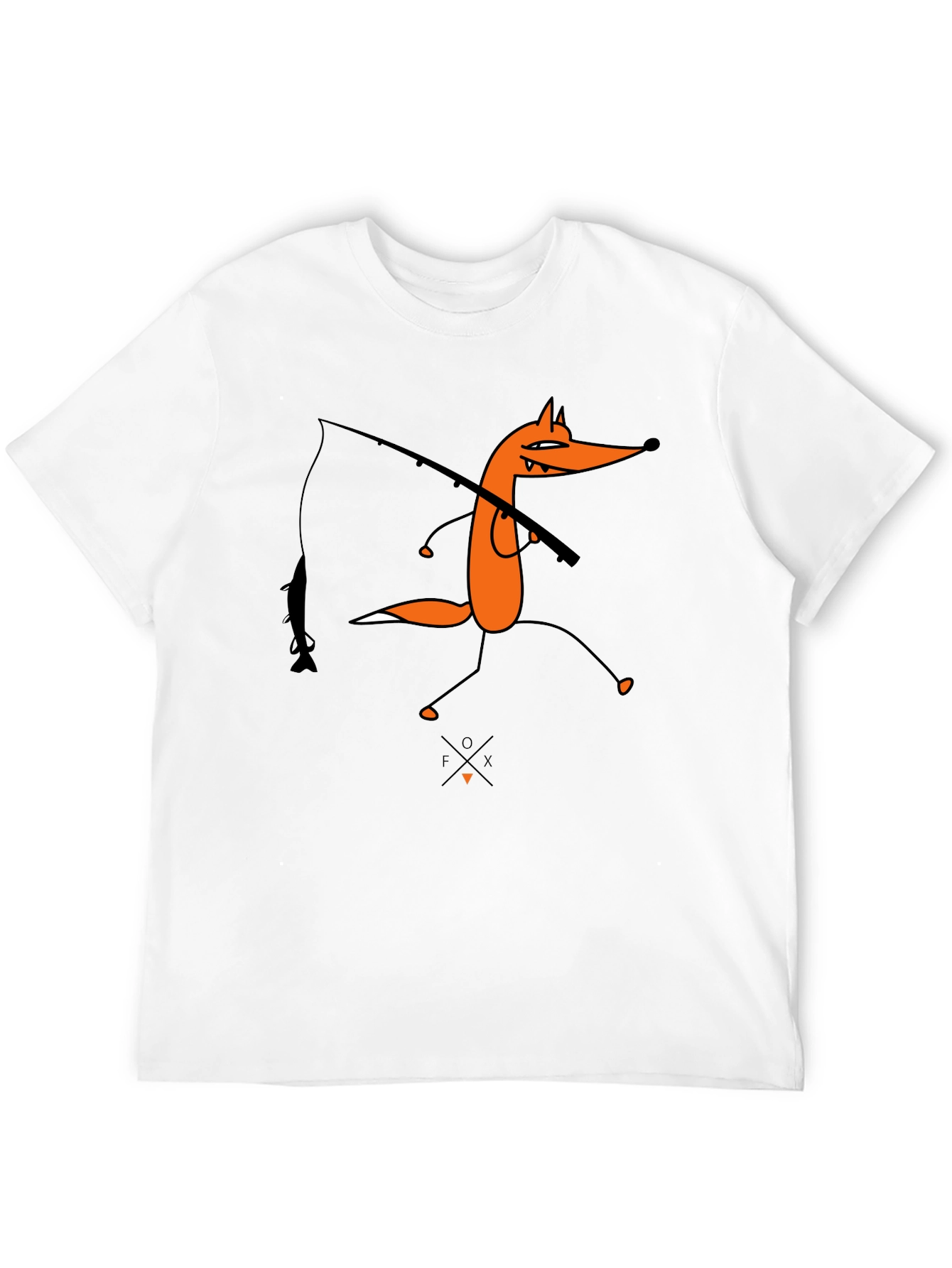 Cartoon Fox Fishing Graphic Tee - Unisex Black T-Shirt
