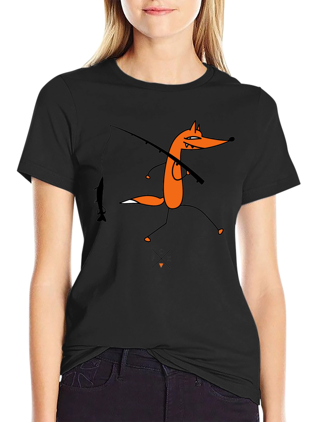 Cartoon Fox Fishing Graphic Tee - Unisex Black T-Shirt
