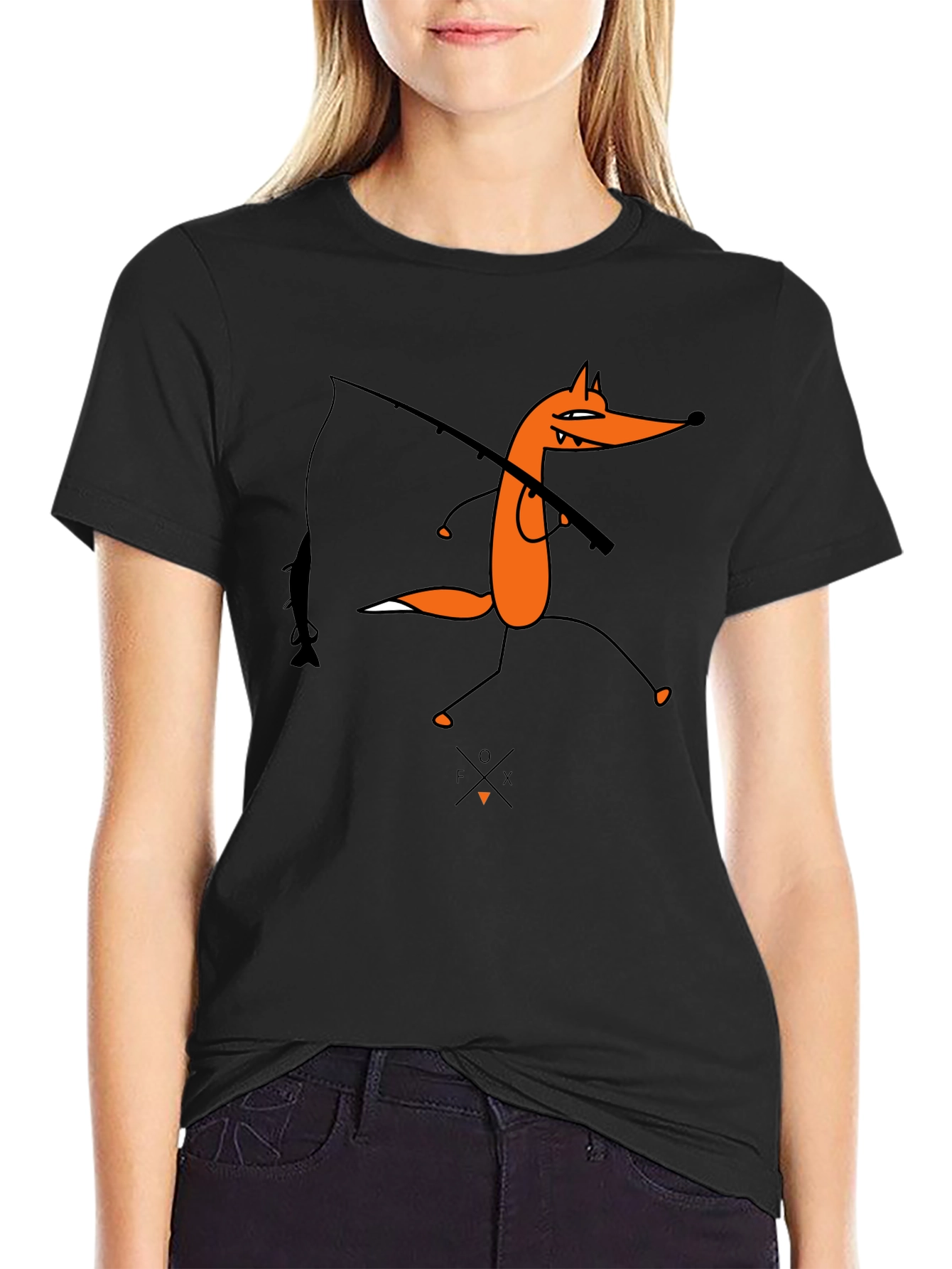 Cartoon Fox Fishing Graphic Tee - Unisex Black T-Shirt