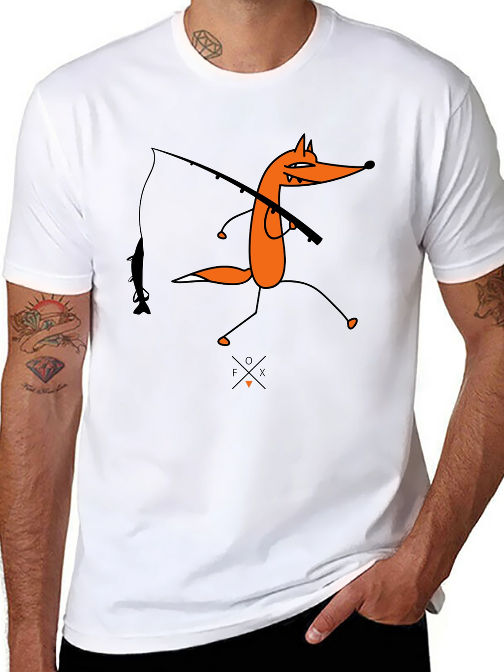 Cartoon Fox Fishing Graphic Tee - Unisex Black T-Shirt