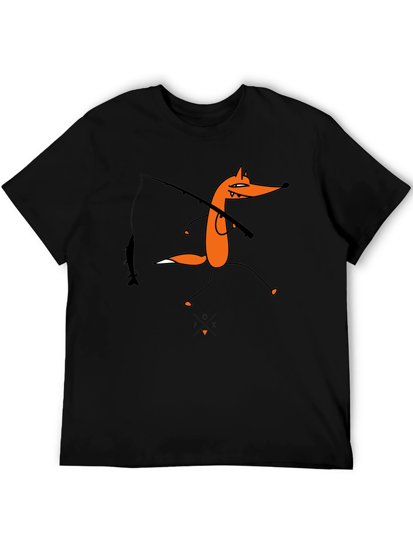 Cartoon Fox Fishing Graphic Tee - Unisex Black T-Shirt