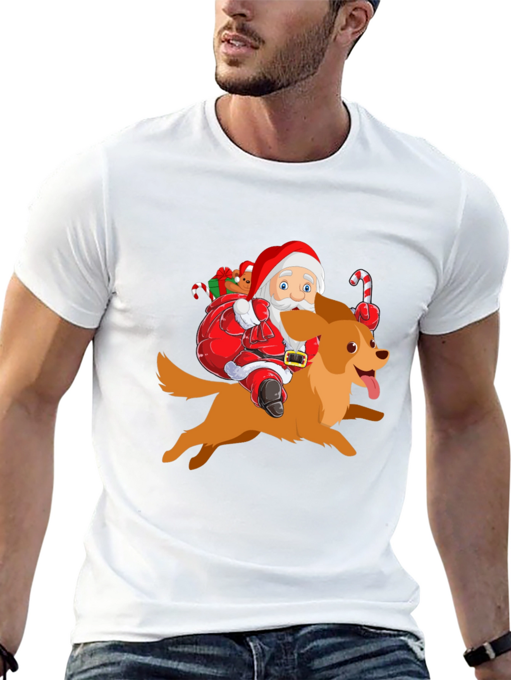 Festive Santa Riding Dog Graphic Tee