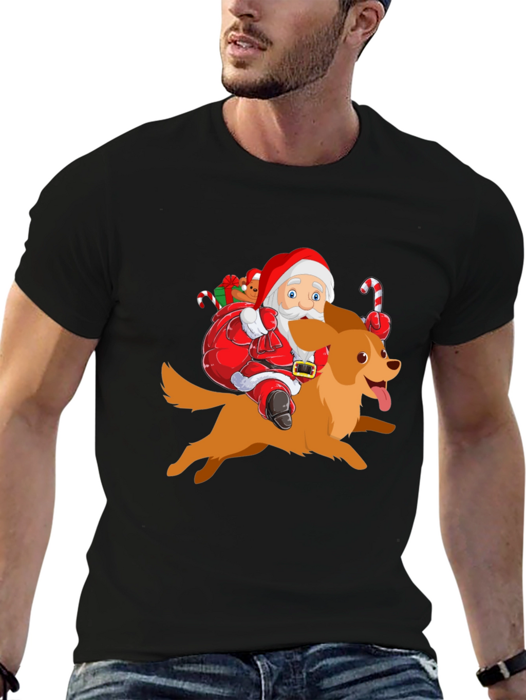 Festive Santa Riding Dog Graphic Tee