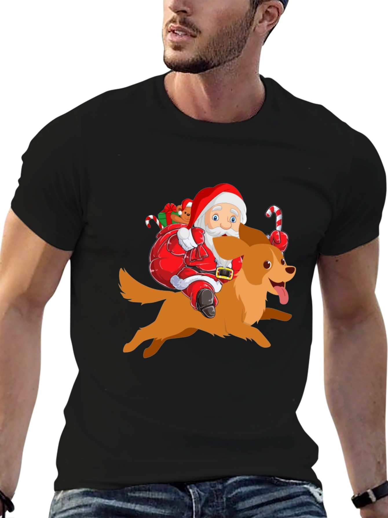 Festive Santa Riding Dog Graphic Tee