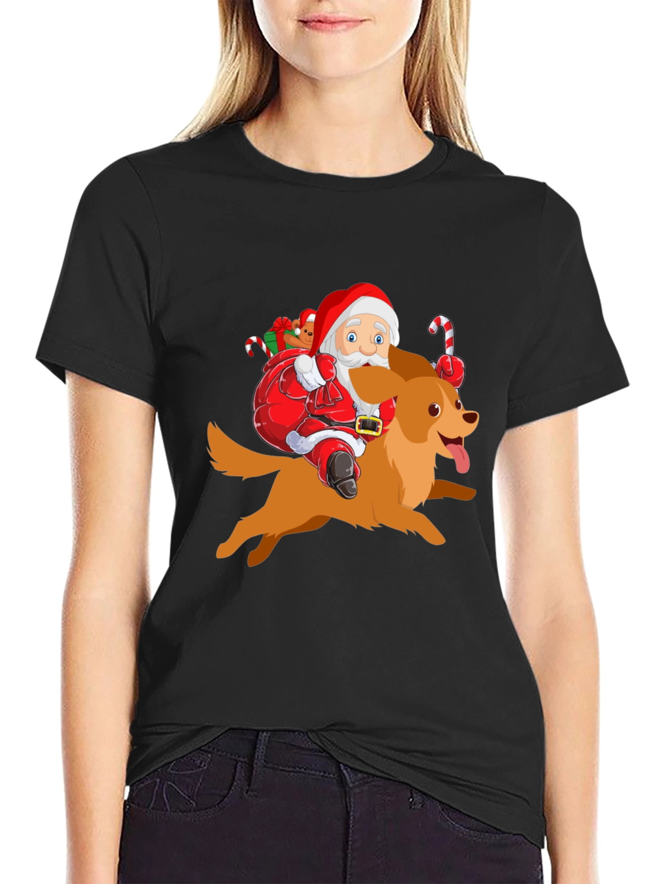 Festive Santa Riding Dog Graphic Tee