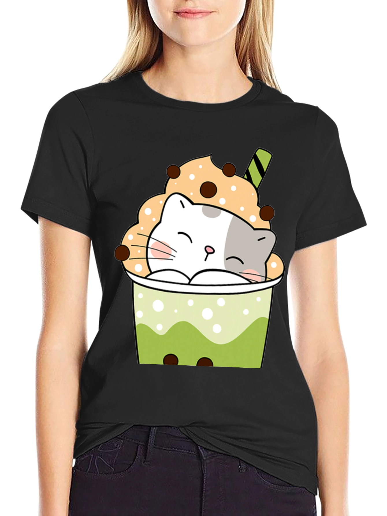 Cute Cat Boba Tea Graphic T-Shirt