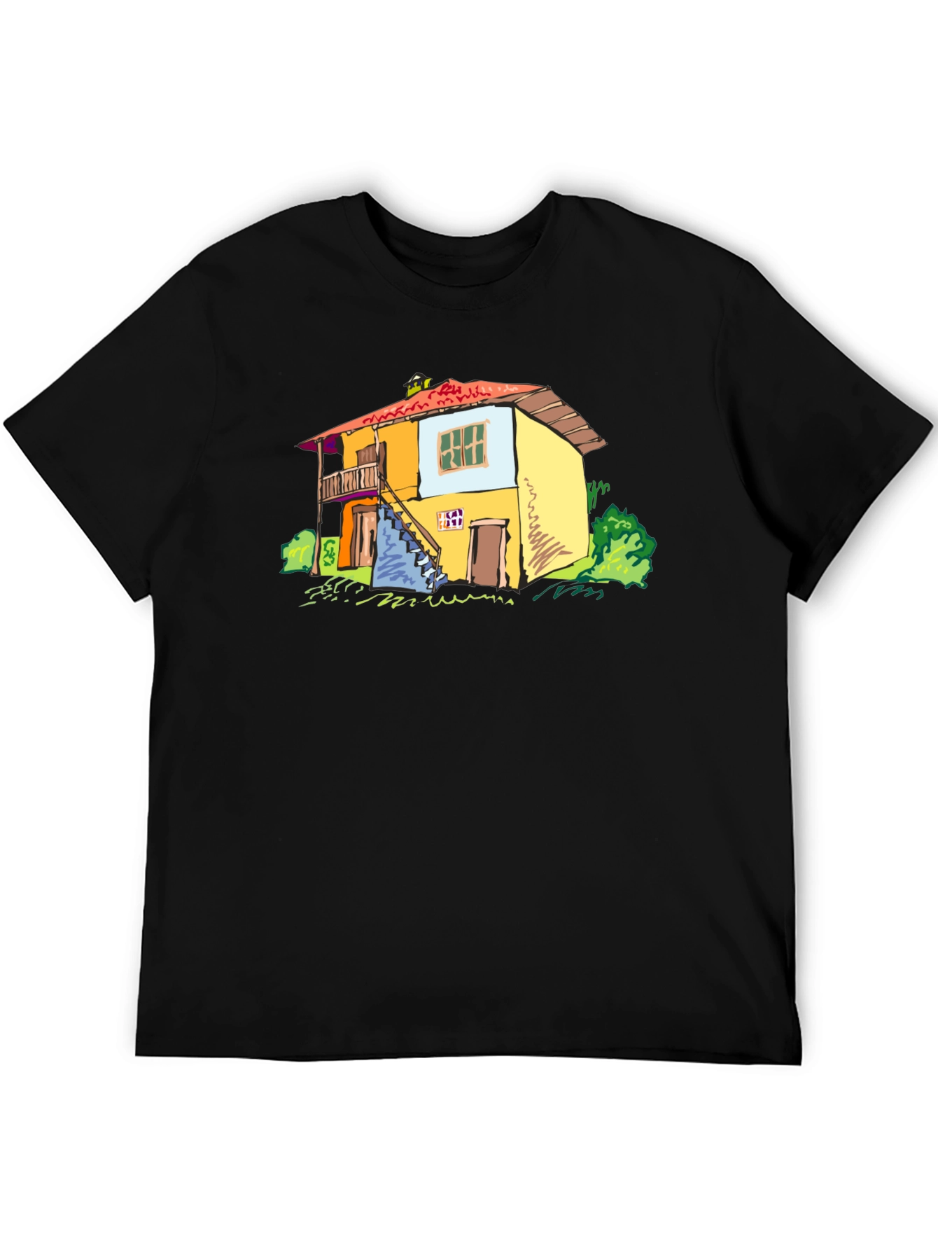 Black T-Shirt with Colorful House Graphic