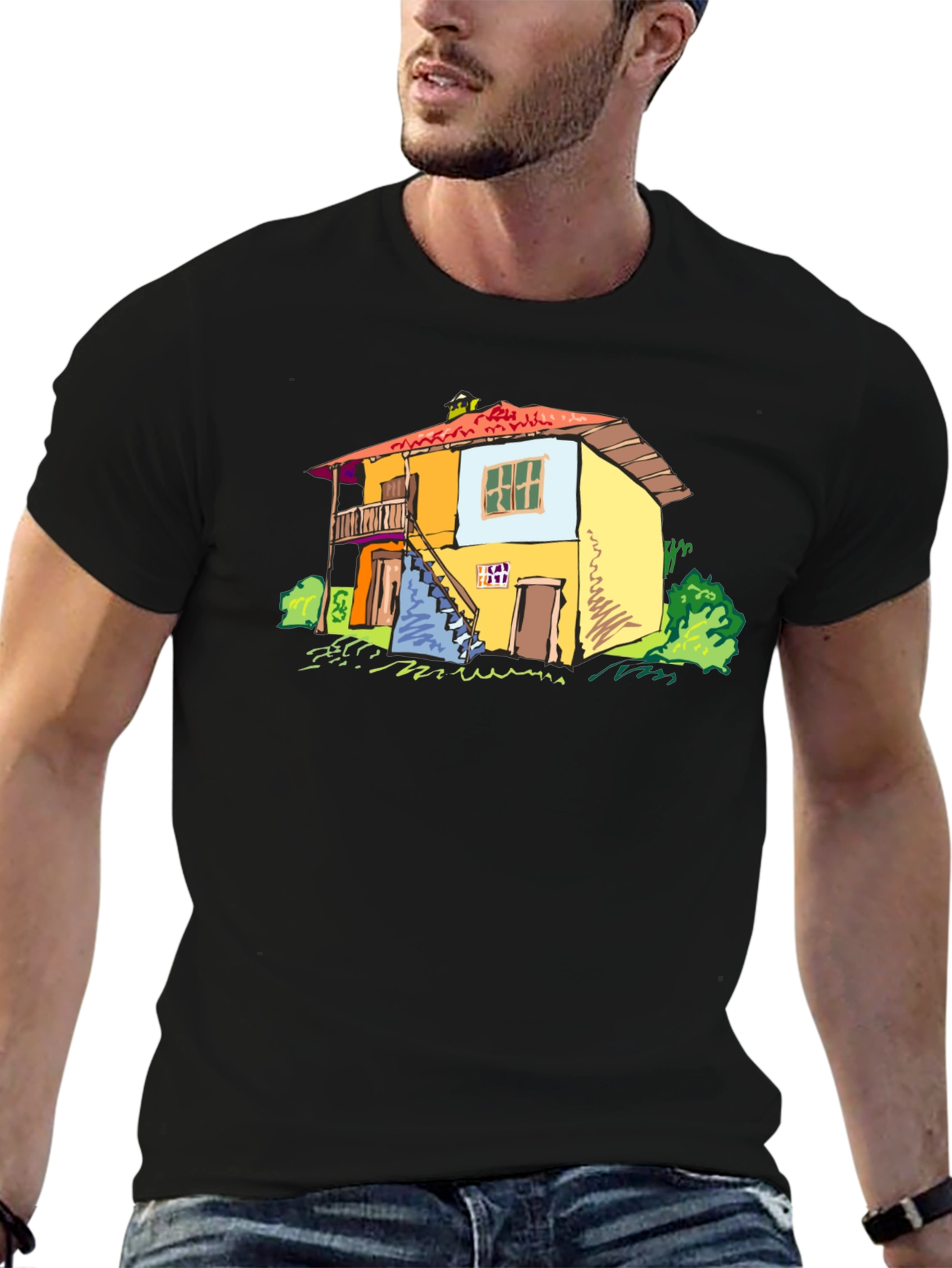 Black T-Shirt with Colorful House Graphic