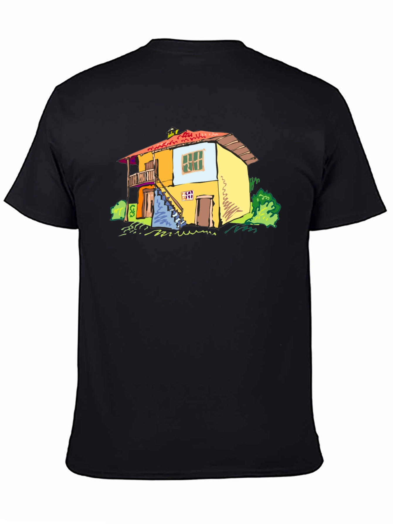 Black T-Shirt with Colorful House Graphic