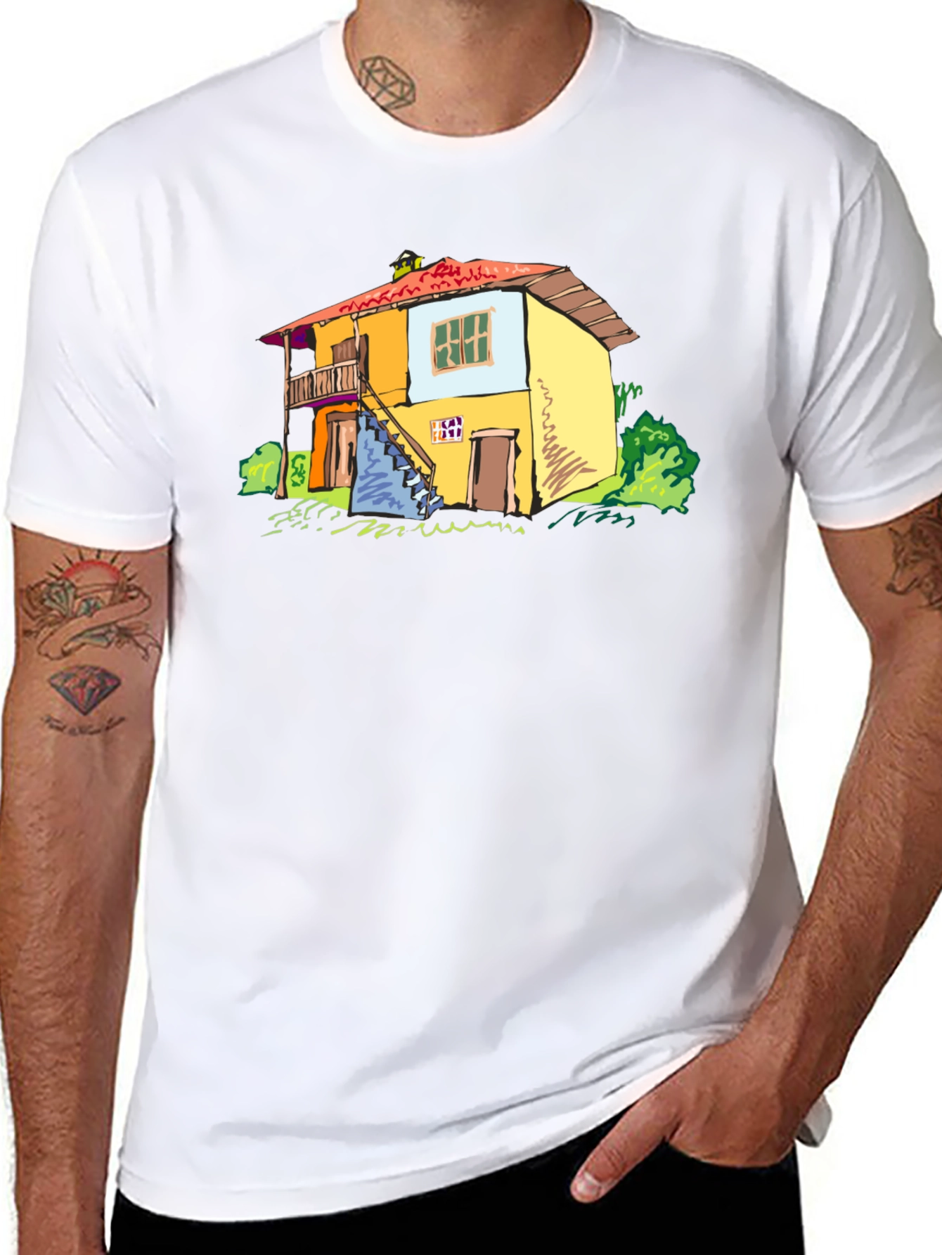 Black T-Shirt with Colorful House Graphic