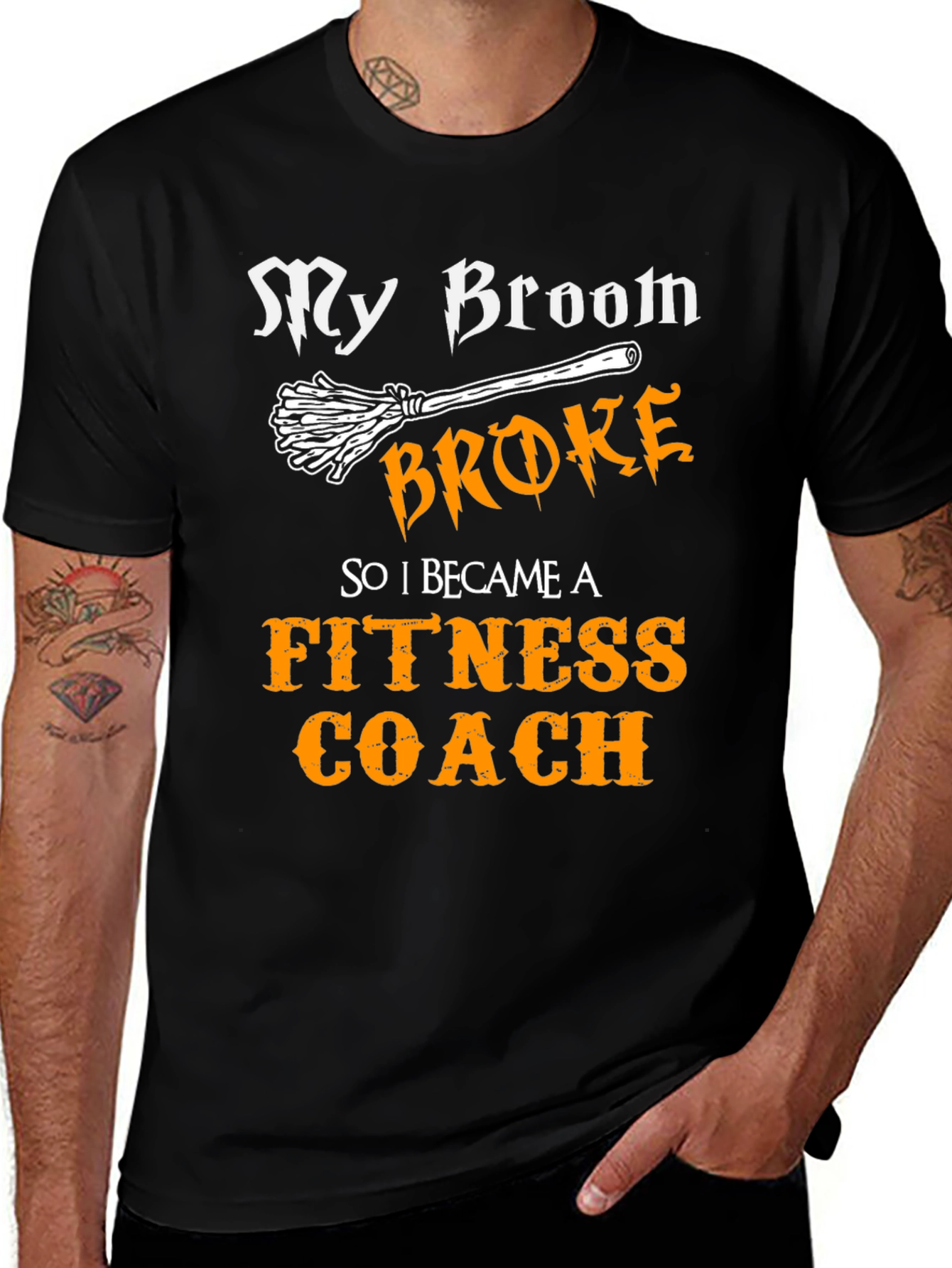 Funny Fitness Coach T-Shirt - My Broom Broke Halloween Tee