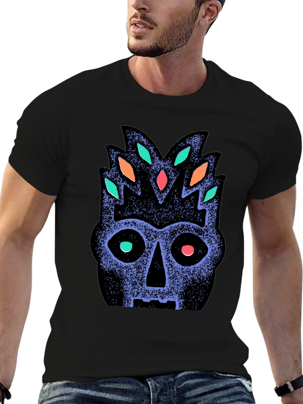 Tribal Mask Graphic Tee - Black Cotton Comfort