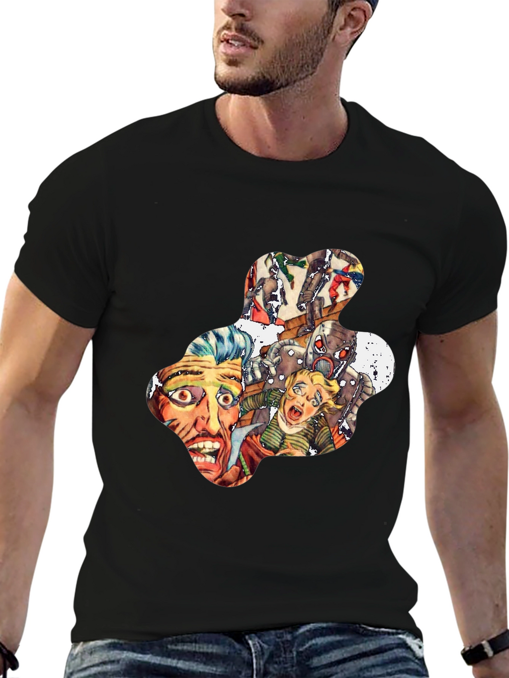 Retro Horror Comic Print Black T-Shirt