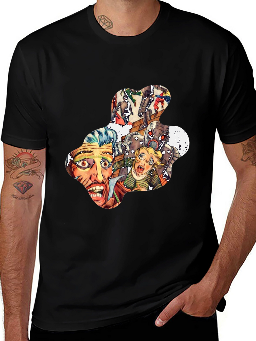 Retro Horror Comic Print Black T-Shirt