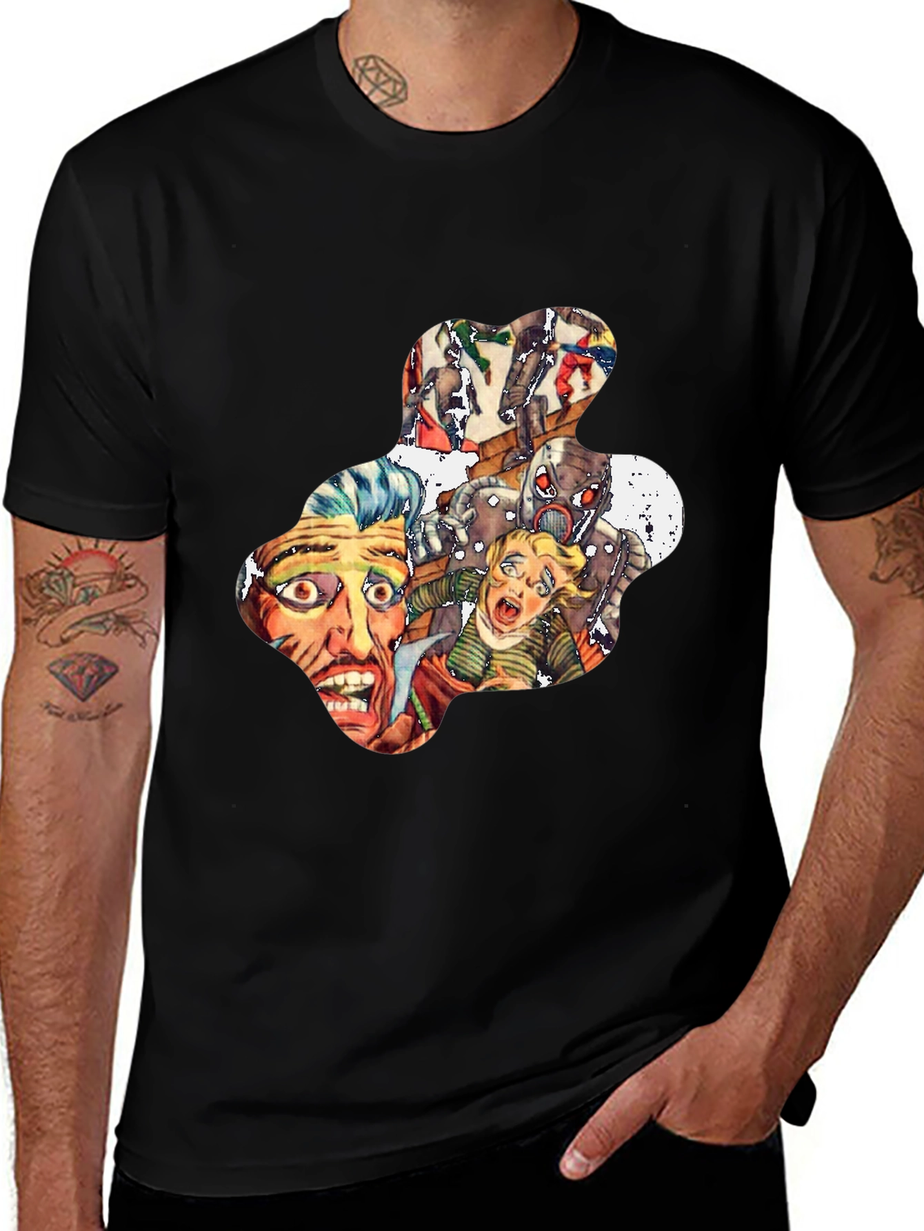 Retro Horror Comic Print Black T-Shirt