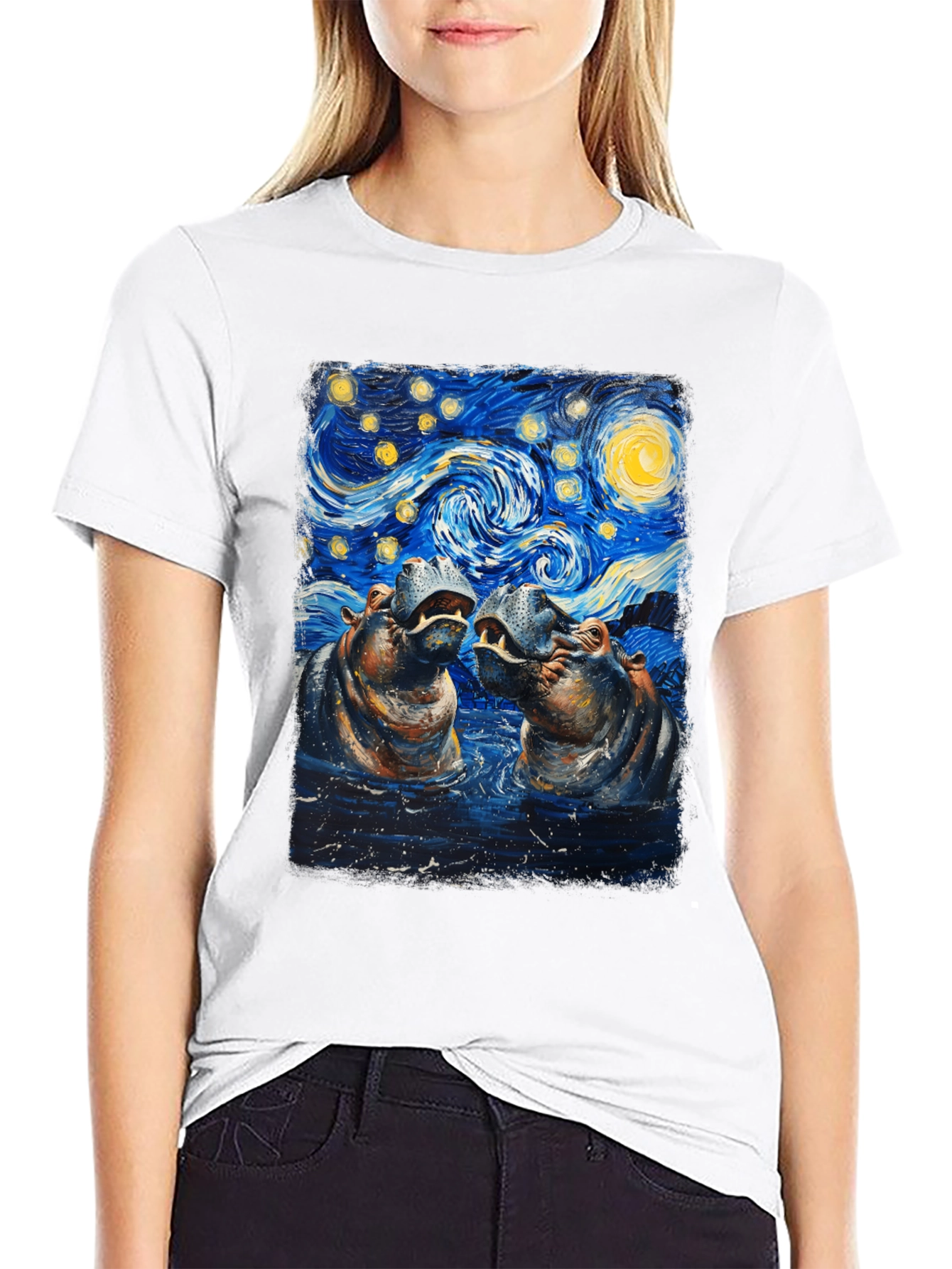 Hippo Starry Night Art T-Shirt